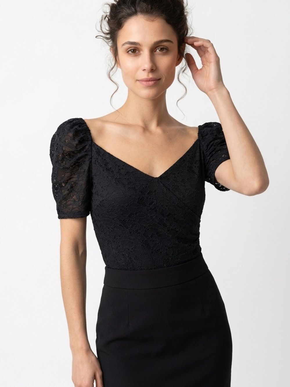 EXPRESS | NEW Black Lace V-Neck Puff-Sleeve Bodysuit Top Women’s Size Small